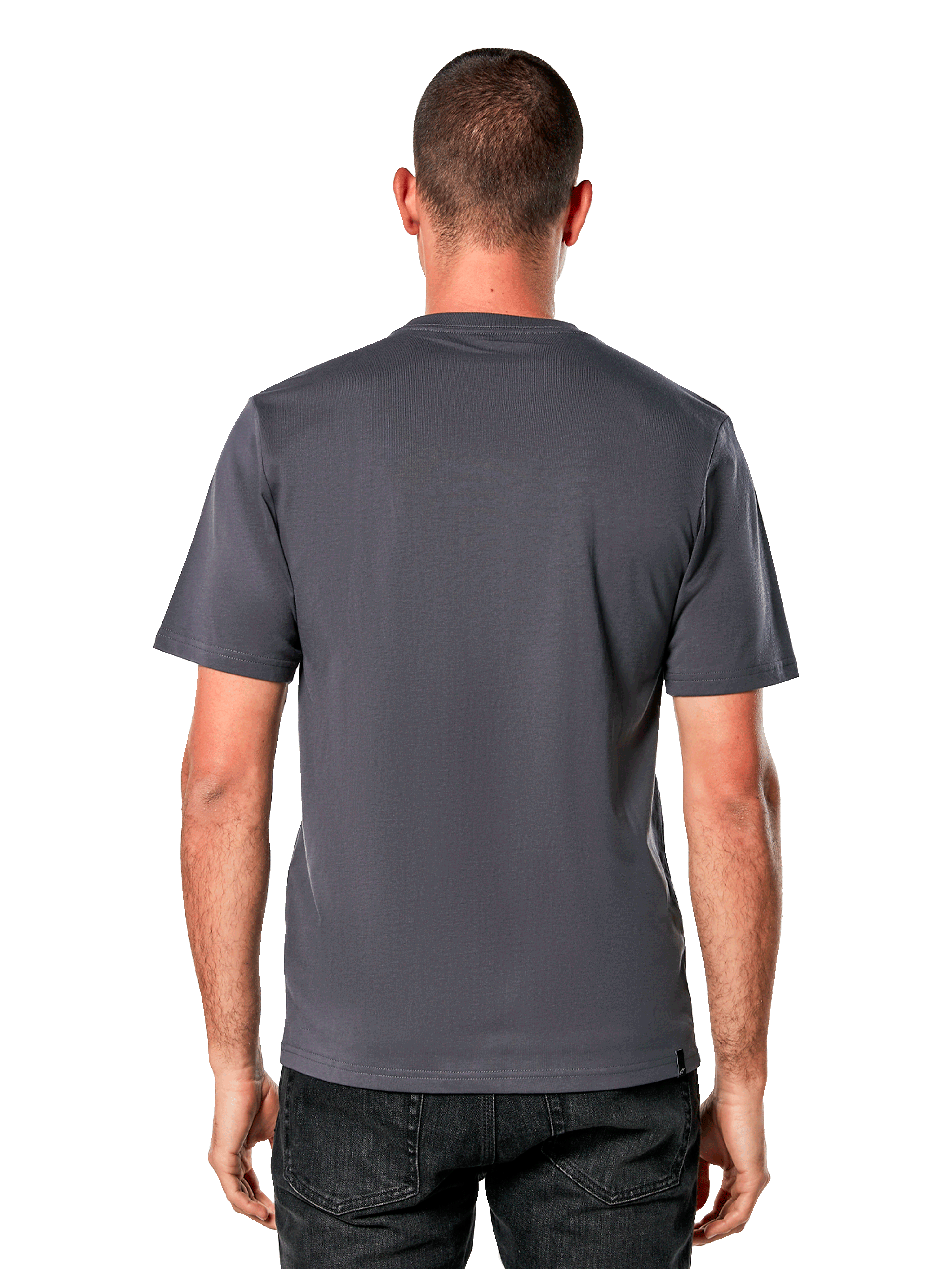 Alpinestars Galun CSF Tee, camiseta de manga corta, color gris carbón, vista trasera lisa, combinada con jeans negros, estilo motorsport streetwear casual