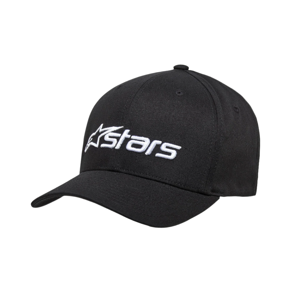 Alpinestars Blaze 2.0 Hat, gorra de béisbol estructurada, negra, logotipo bordado blanco en la parte frontal, visera curva, tejido de sarga elástica, accesorio casual de estilo motorsport