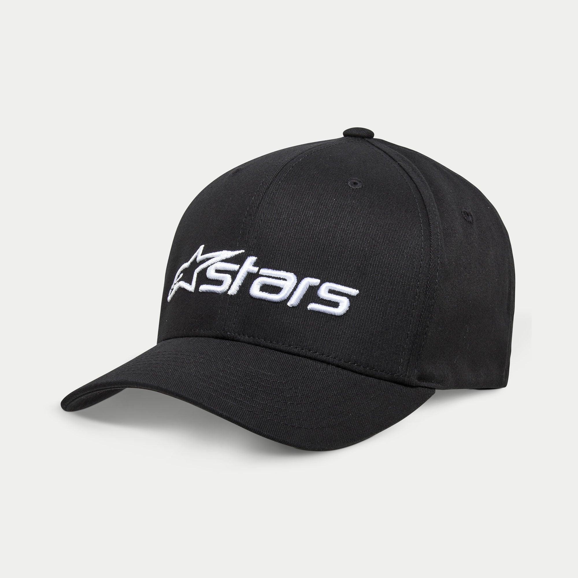 Gorra Alpinestars Blaze 2.0, gorra de béisbol negra con visera curva y corona estructurada, logotipo Astars texturizado blanco en la parte frontal, accesorio deportivo casual