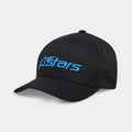 Gorra Alpinestars Blaze 2.0, gorra de béisbol, negra con logotipo Astars azul claro, visera curva y corona estructurada, accesorio de ropa deportiva casual