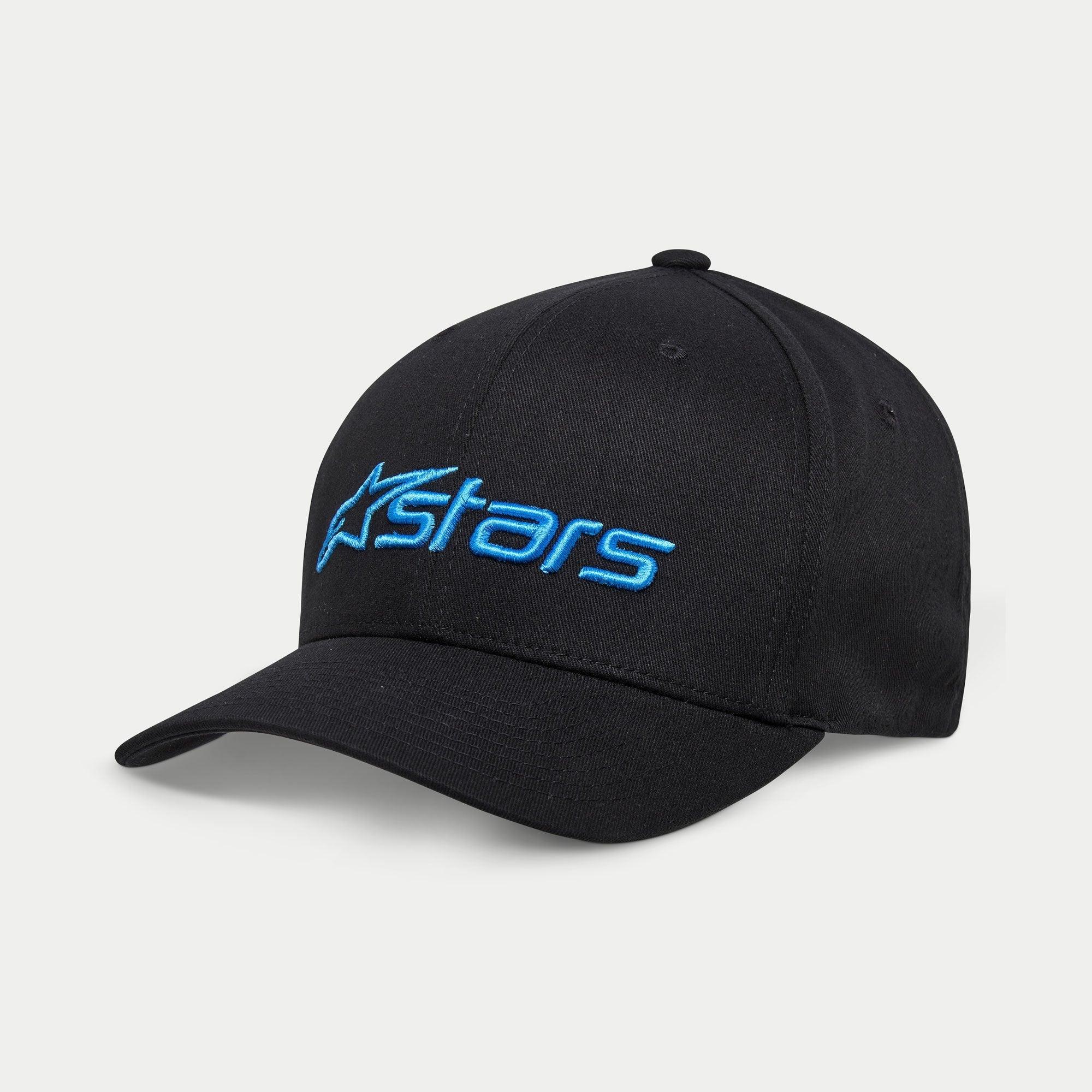 Gorra Alpinestars Blaze 2.0, gorra de béisbol, negra con logotipo Astars azul claro, visera curva y corona estructurada, accesorio de ropa deportiva casual