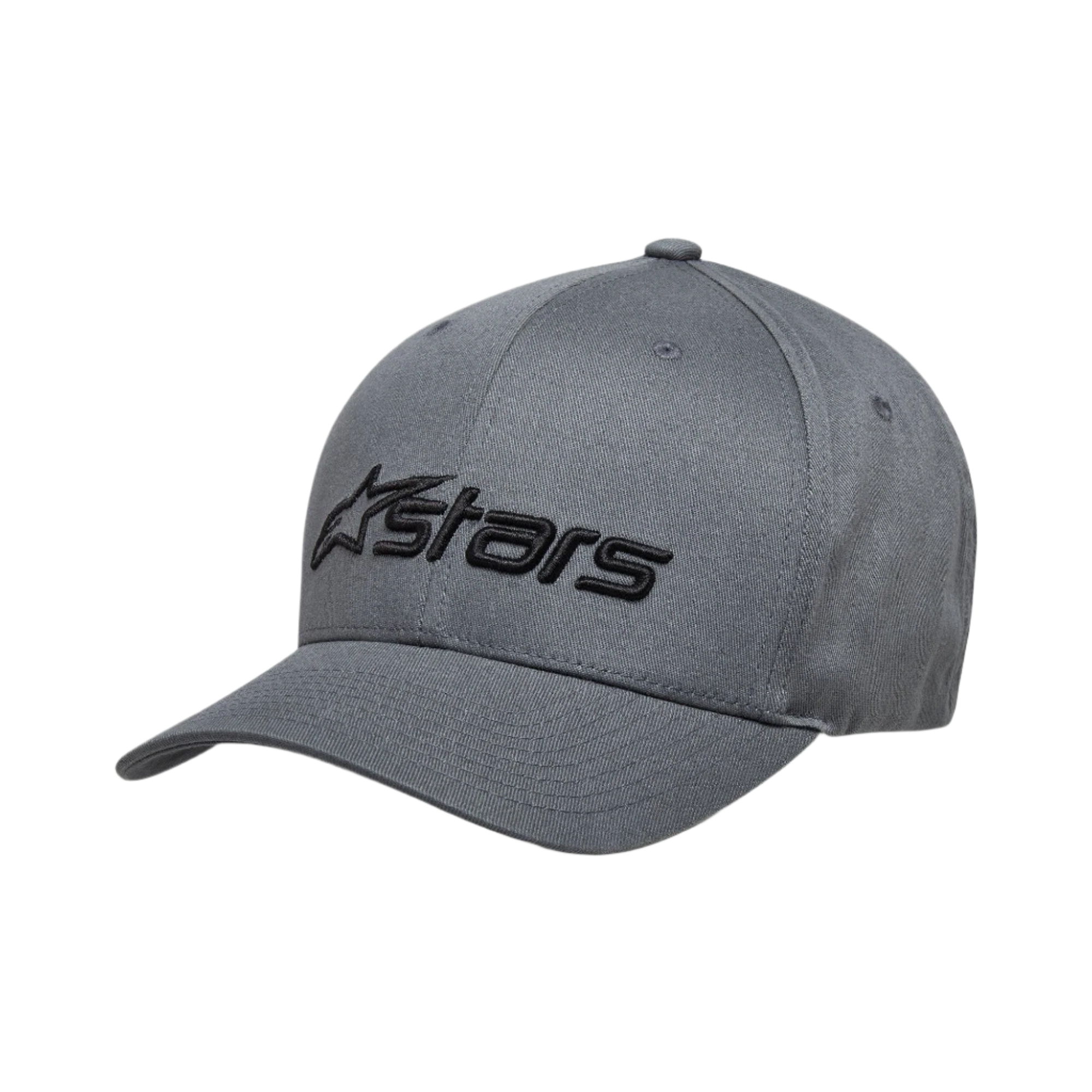 Gorra Alpinestars Blaze 2.0, negro charcoal, gorra de béisbol estructurada con visera curva, logotipo de Alpinestars texturizado en negro en la parte delantera, diseño casual inspirado en el automovilismo