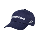 Gorra Alpinestars Linear Wordmark 2.0, azul marino con logotipo blanco bordado en 3D, visera curva, corona estructurada, logotipo de estrella en el lateral, gorra deportiva de sarga de algodón