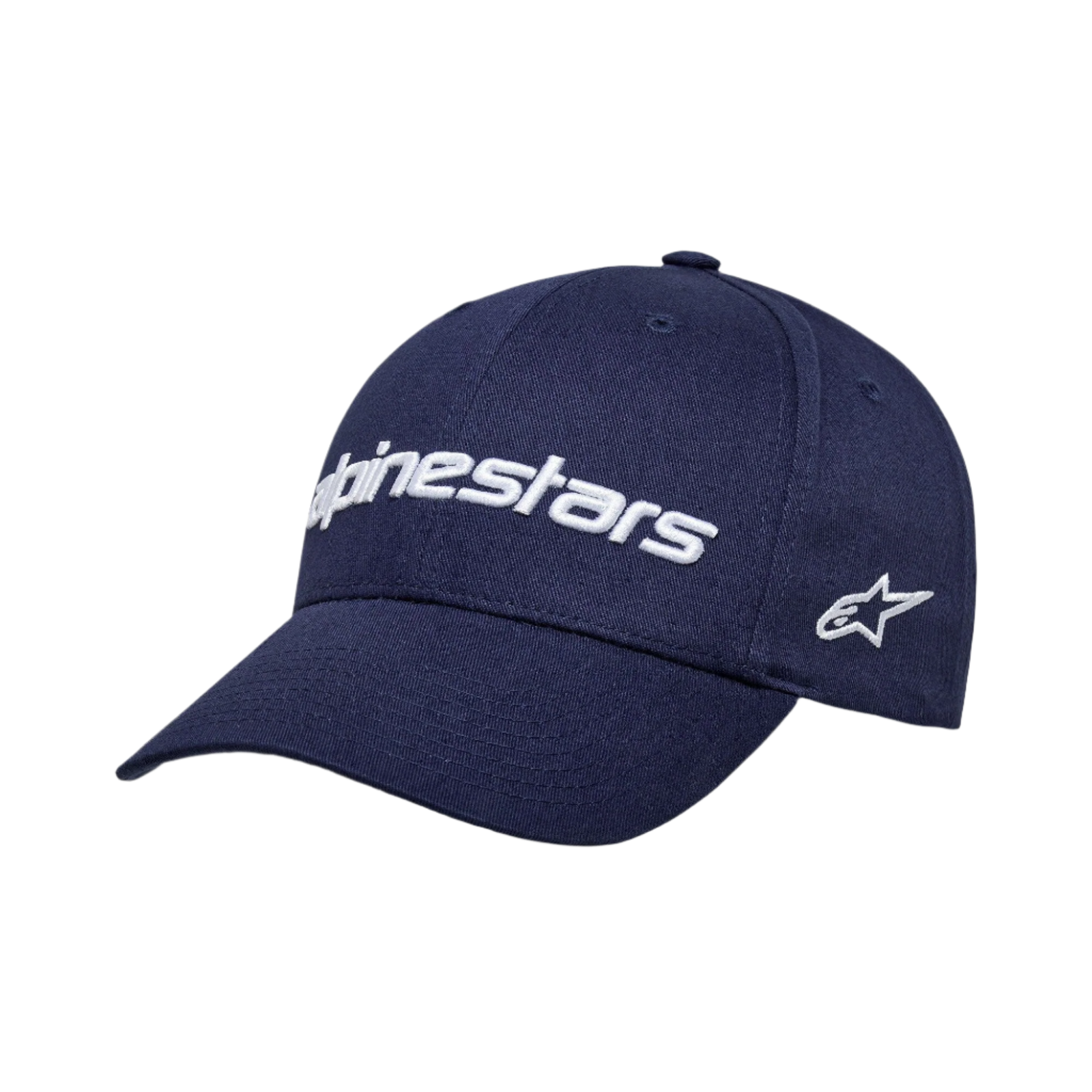 Gorra Alpinestars Linear Wordmark 2.0, azul marino con logotipo blanco bordado en 3D, visera curva, corona estructurada, logotipo de estrella en el lateral, gorra deportiva de sarga de algodón