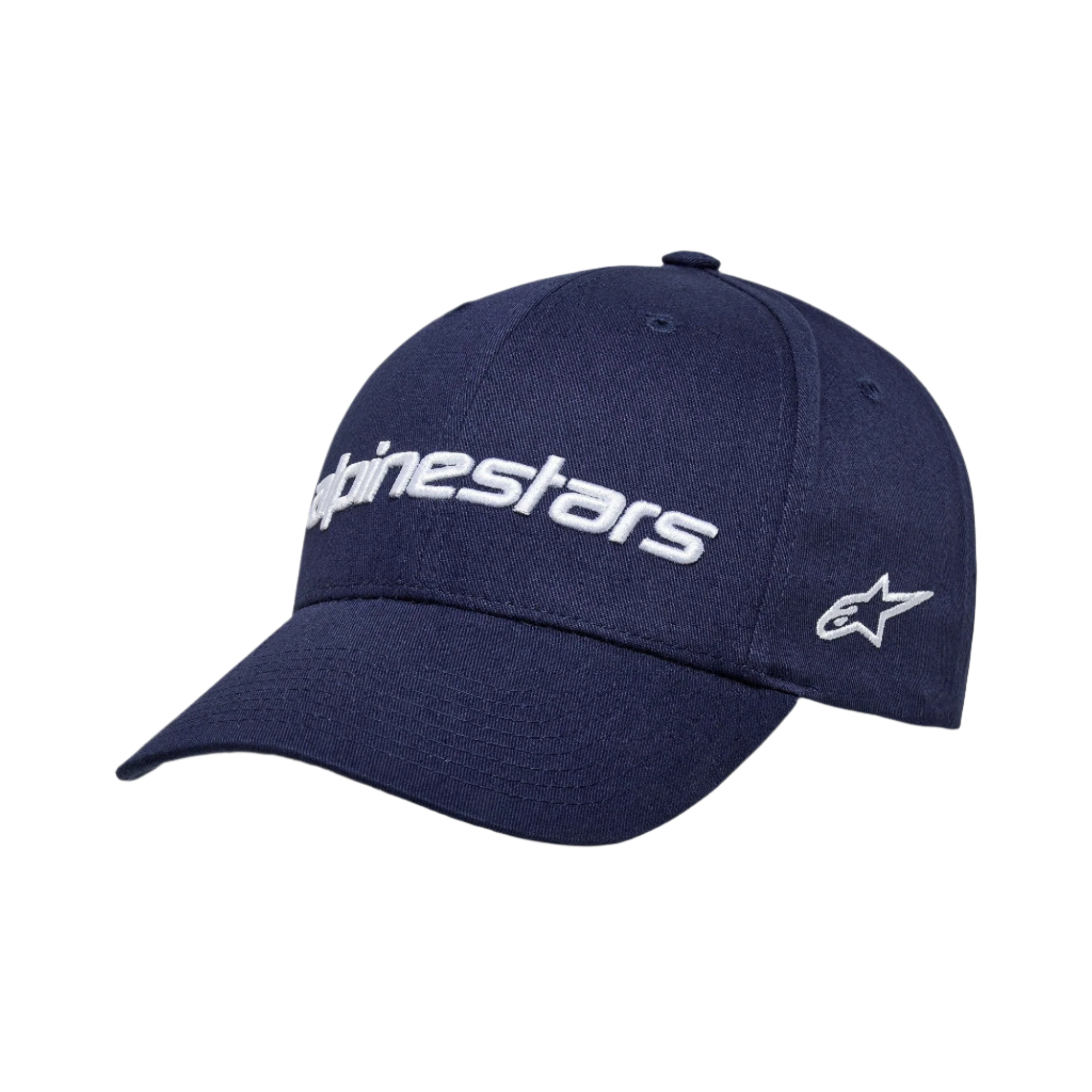 Gorra Alpinestars Linear Wordmark 2.0, azul marino con logotipo blanco bordado en 3D, visera curva, corona estructurada, logotipo de estrella en el lateral, gorra deportiva de sarga de algodón