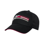 Gorra Par de Alpinestars, gorra negra tipo snapback, visera curva con detalle tipo sándwich en rojo, bordado lateral en 3D con el logotipo de Alpinestars y el texto Racing Ahead, ropa deportiva casual estructurada