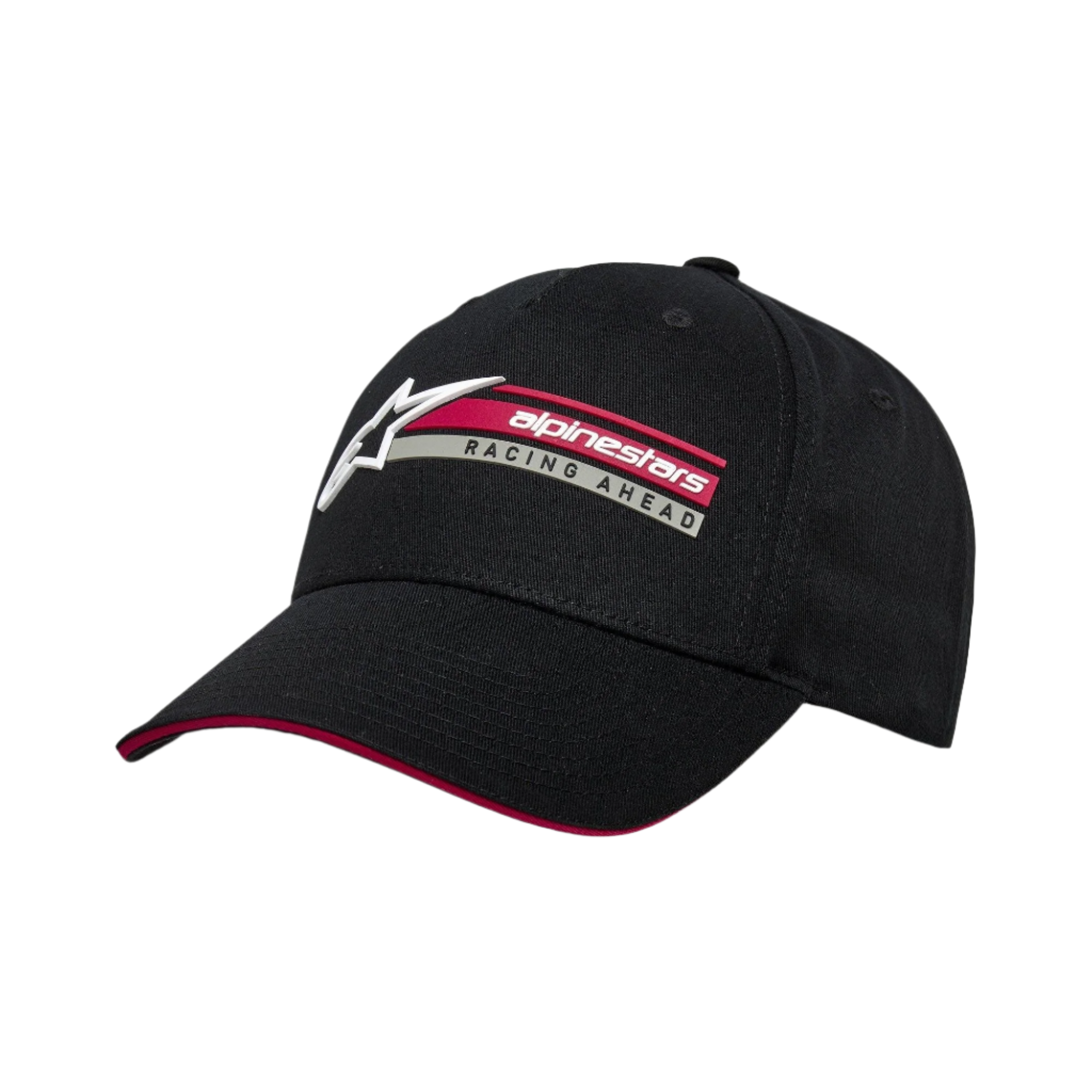 Gorra Par de Alpinestars, gorra negra tipo snapback, visera curva con detalle tipo sándwich en rojo, bordado lateral en 3D con el logotipo de Alpinestars y el texto Racing Ahead, ropa deportiva casual estructurada