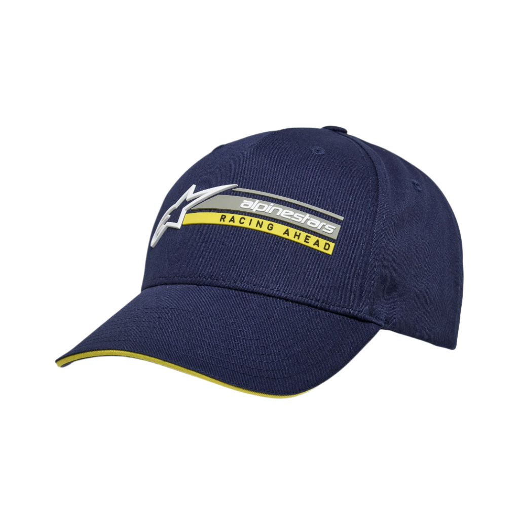 Gorra Alpinestars Par Hat, gorra snapback en azul marino, bordado del logotipo en 3D con texto 'RACING AHEAD' en amarillo, visera curva con detalle tipo sándwich amarillo, sarga de algodón estructurada, gorra casual de estilo motorsport