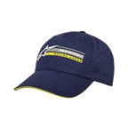Gorra Alpinestars Par Hat, gorra snapback en azul marino, bordado del logotipo en 3D con texto 'RACING AHEAD' en amarillo, visera curva con detalle tipo sándwich amarillo, sarga de algodón estructurada, gorra casual de estilo motorsport