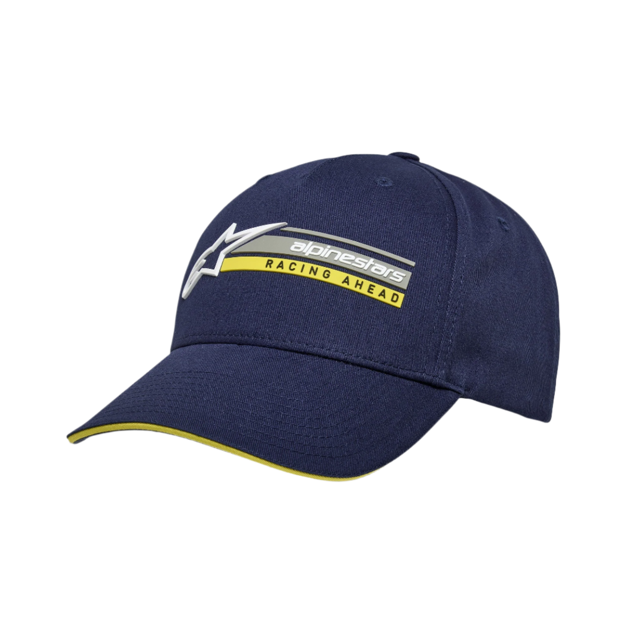 Gorra Alpinestars Par Hat, gorra snapback en azul marino, bordado del logotipo en 3D con texto 'RACING AHEAD' en amarillo, visera curva con detalle tipo sándwich amarillo, sarga de algodón estructurada, gorra casual de estilo motorsport