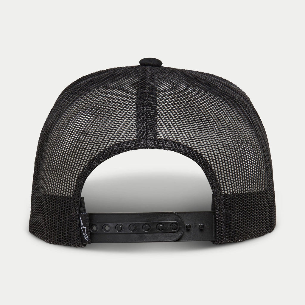 Alpinestars Ride 4.0 Camo Trucker Hat, Black, back view showing breathable mesh crown and adjustable plastic snapback strap with small logo tag, casual motorsport-inspired headwear.
