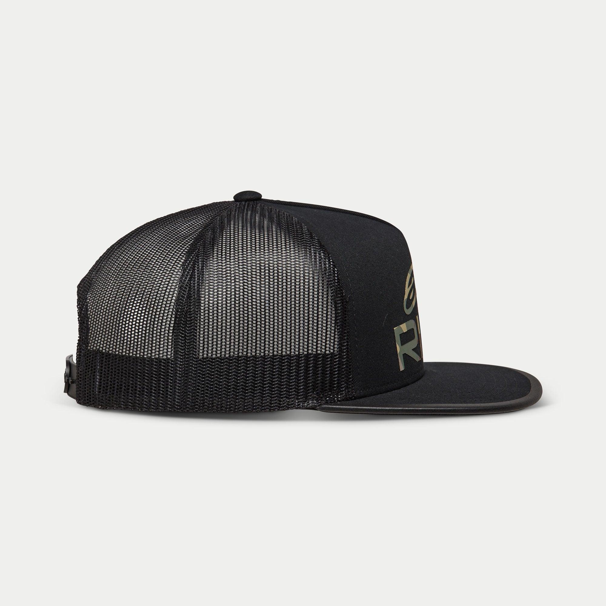Alpinestars Ride 4.0 Camo Trucker Hat, Black, side profile view featuring breathable mesh back and flat bill, twill front with camo logo print, adjustable snapback design, casual motorsport headwear