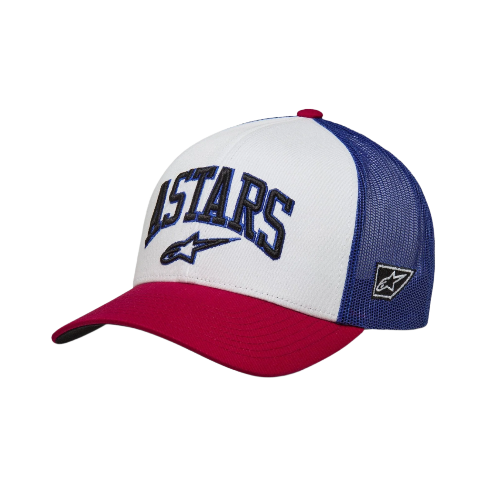 Gorra Trucker Dunker de Alpinestars, blanca, roja y azul, visera curva roja con panel frontal blanco y malla trasera azul, cuenta con bordado 3D ASTARS en la parte delantera, accesorio casual inspirado en el automovilismo