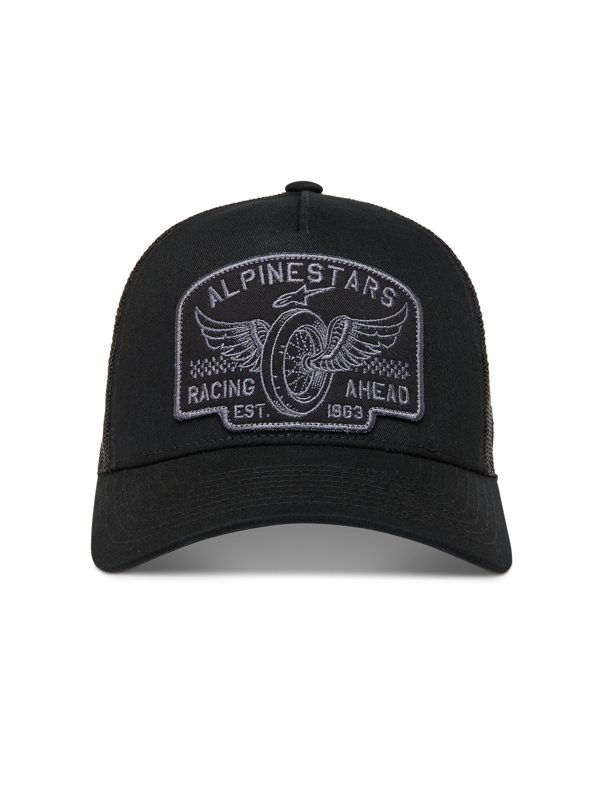 Alpinestars Heritage Patch, gorra tipo trucker en negro y gris, con parche bordado de inspiración racing, visera curva y malla trasera transpirable