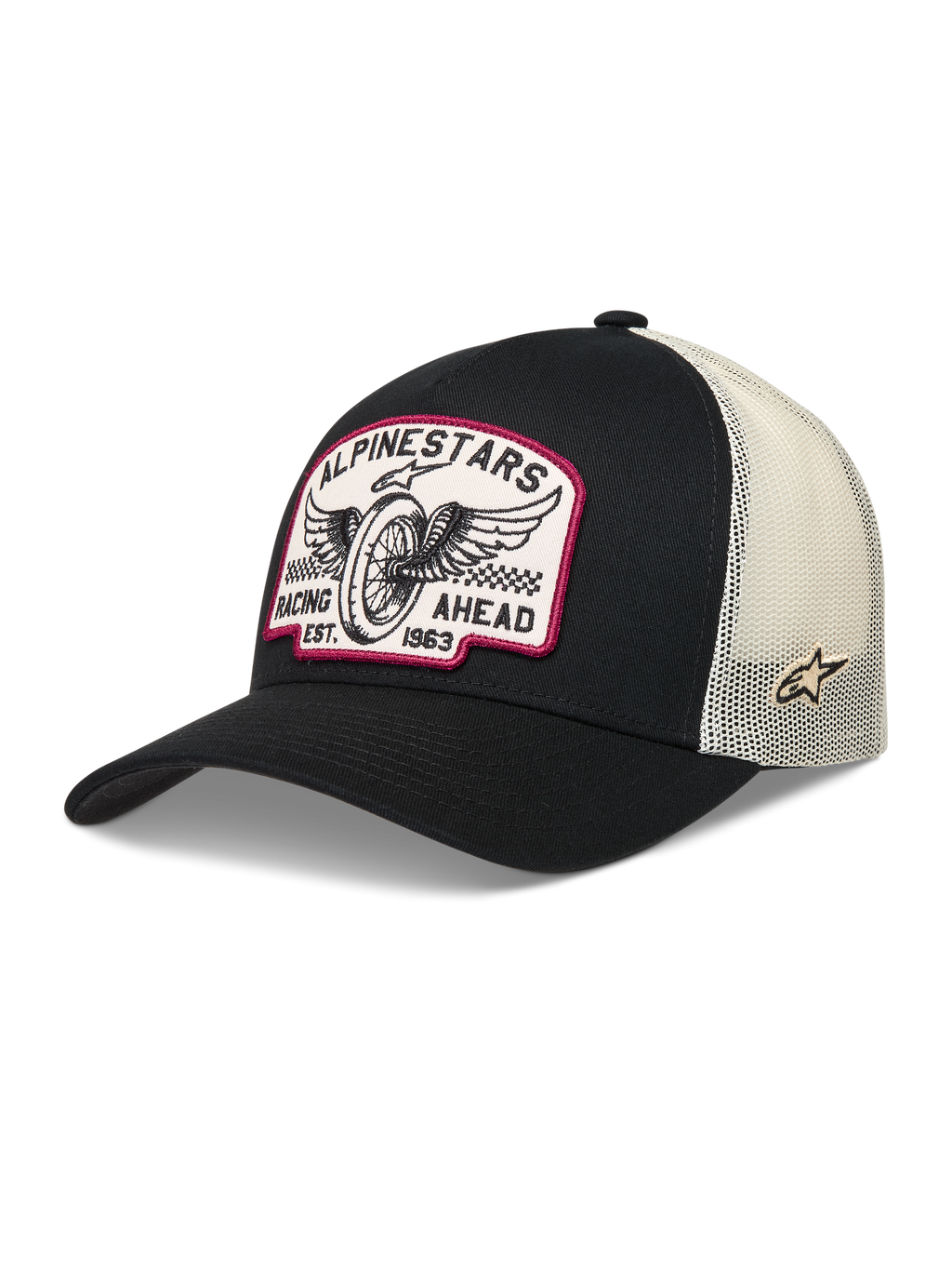 Alpinestars Heritage Patch, gorra negra y blanco natural con parche de logotipo de carreras vintage y malla trasera.