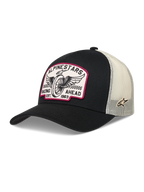 Alpinestars Heritage Patch, gorra negra y blanco natural con parche de logotipo de carreras vintage y malla trasera.