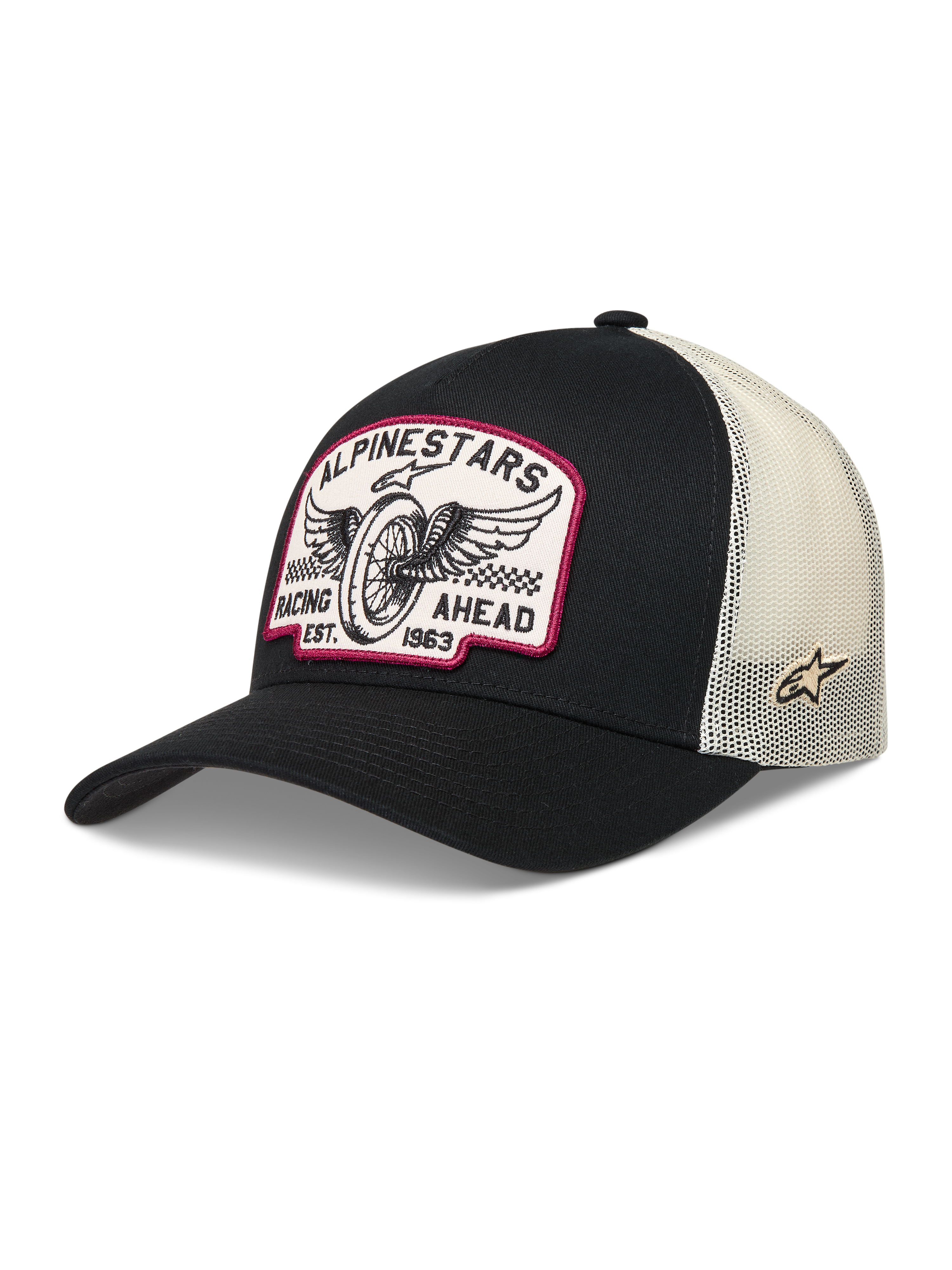 Alpinestars Heritage Patch, gorra negra y blanco natural con parche de logotipo de carreras vintage y malla trasera.