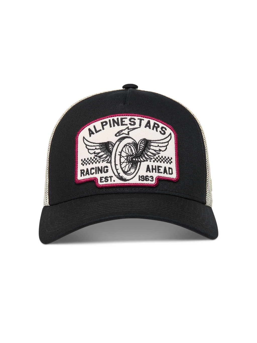 Alpinestars Heritage Patch, gorra negra y color natural con parche de carreras bordado, visera curva y malla trasera