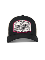 Alpinestars Heritage Patch, gorra negra y color natural con parche de carreras bordado, visera curva y malla trasera