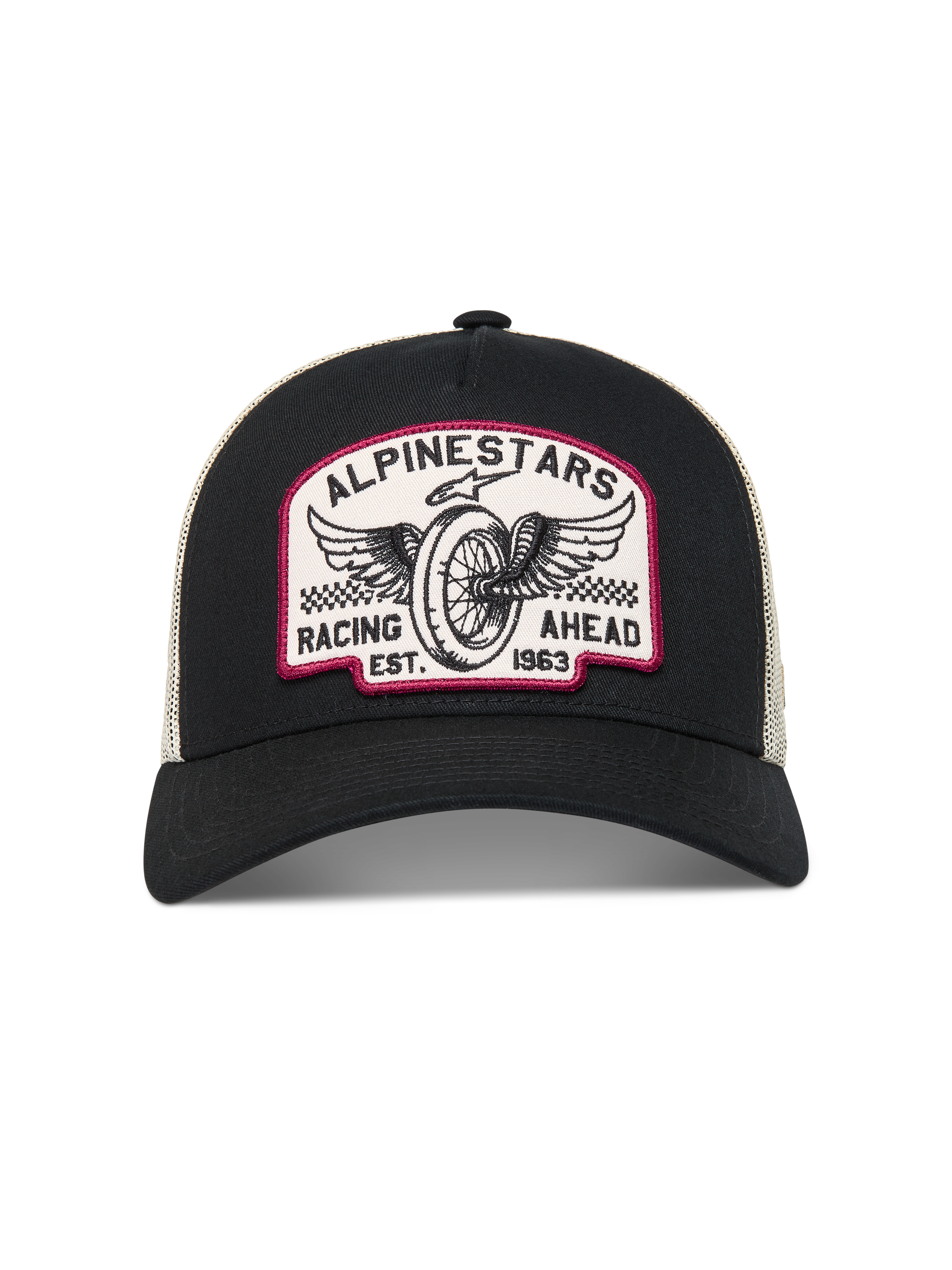 Alpinestars Heritage Patch, gorra negra y color natural con parche de carreras bordado, visera curva y malla trasera