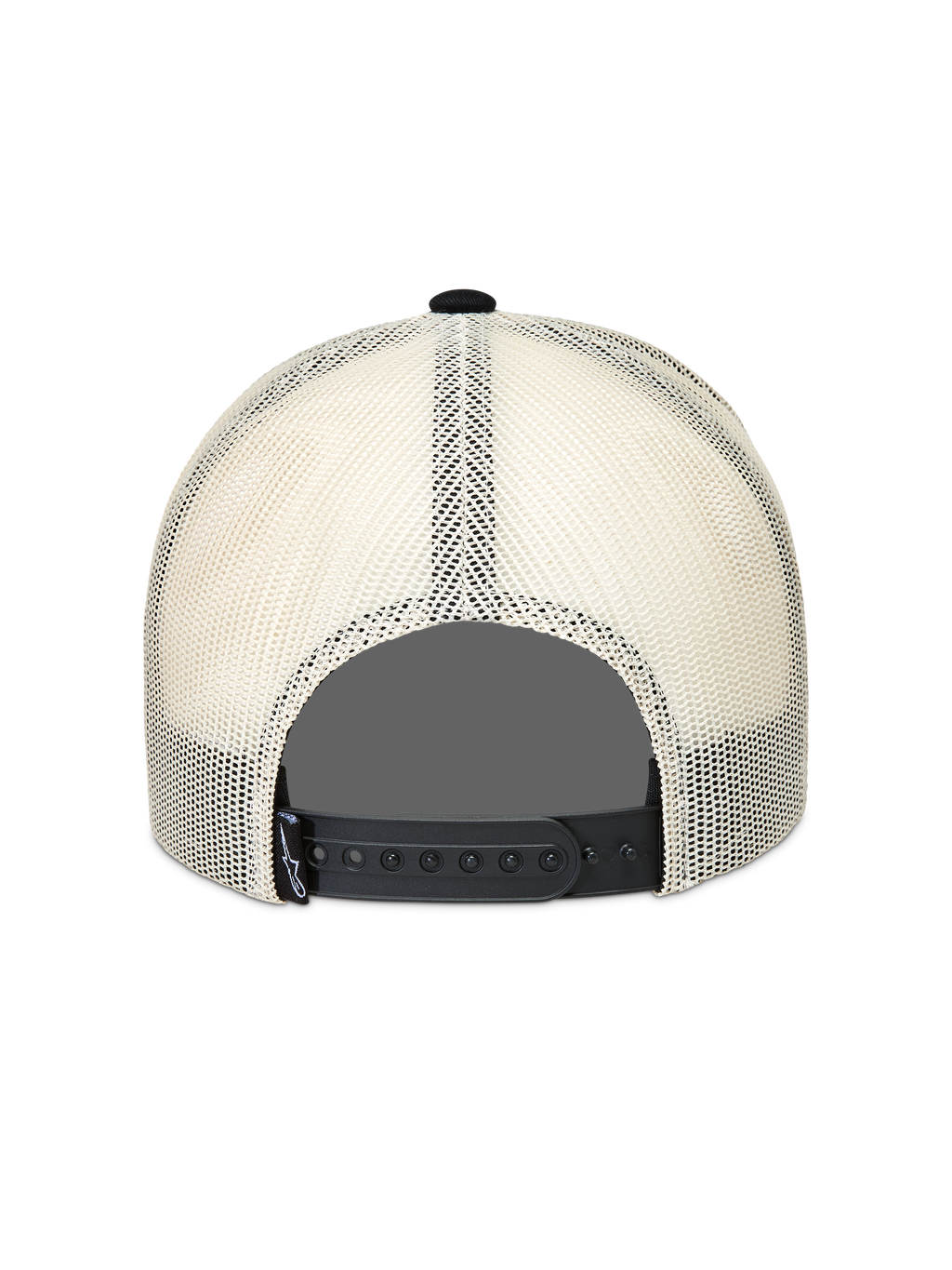 Alpinestars Heritage Patch, gorra tipo trucker en negro y natural, con parte trasera de malla transpirable y cierre snapback ajustable