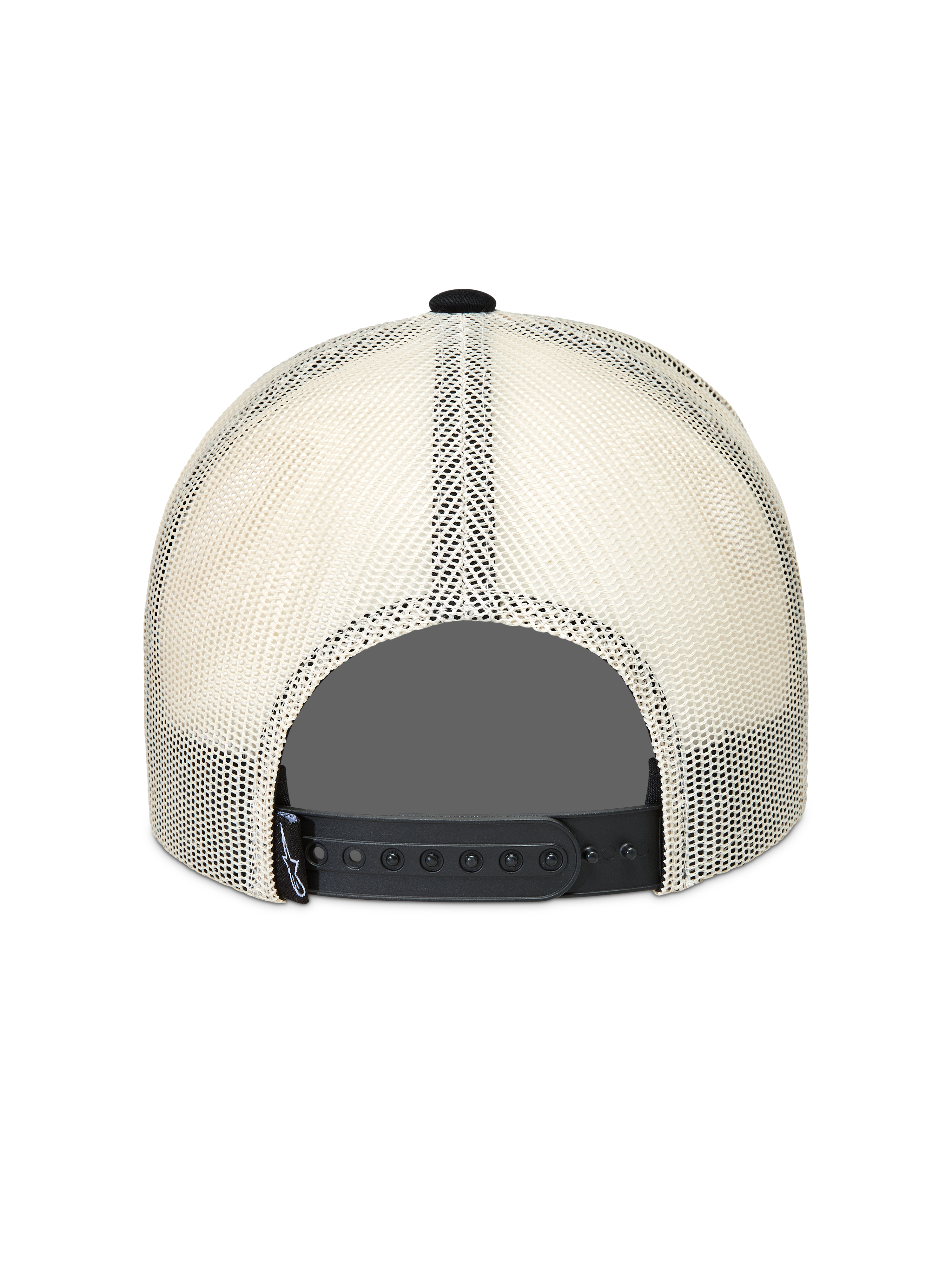 Alpinestars Heritage Patch, gorra tipo trucker en negro y natural, con parte trasera de malla transpirable y cierre snapback ajustable