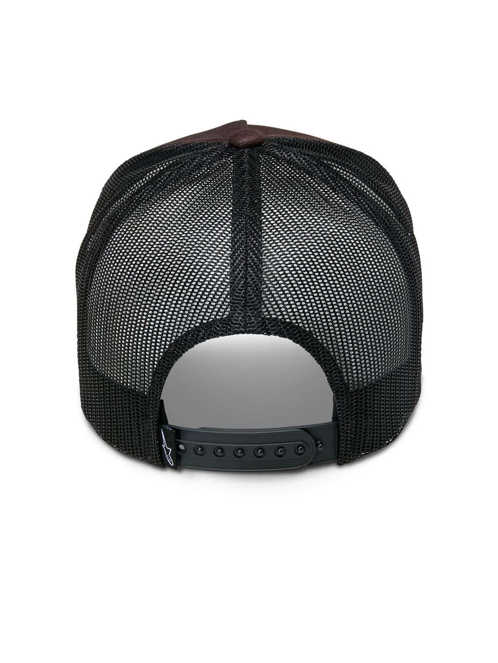 Gorra Trucker Heritage Patch de Alpinestars, gorra tipo trucker, marrón y negra, vista trasera que muestra los paneles de malla negra, cierre snapback ajustable y pequeño detalle de logotipo blanco en la correa