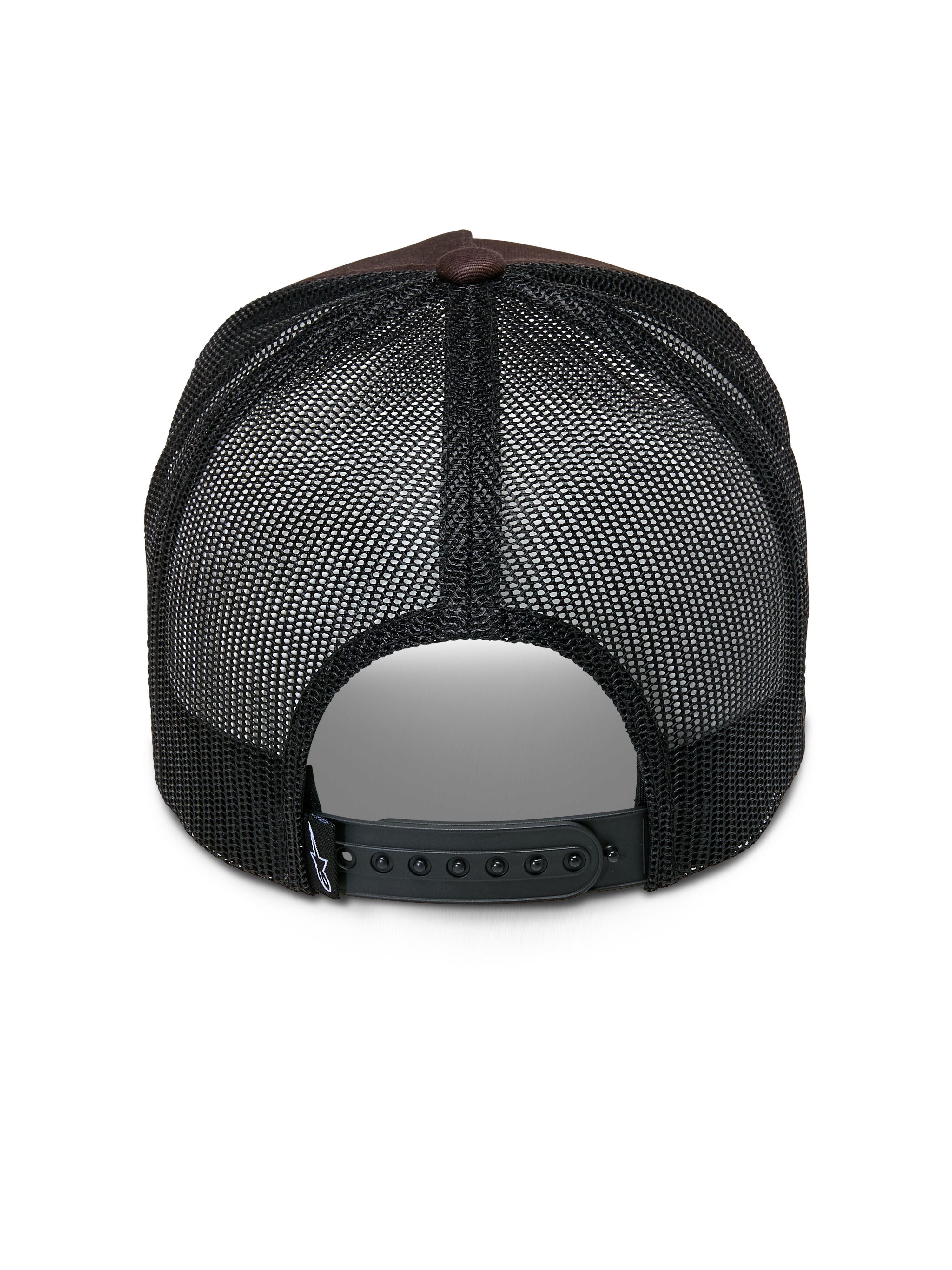 Gorra Trucker Heritage Patch de Alpinestars, gorra tipo trucker, marrón y negra, vista trasera que muestra los paneles de malla negra, cierre snapback ajustable y pequeño detalle de logotipo blanco en la correa