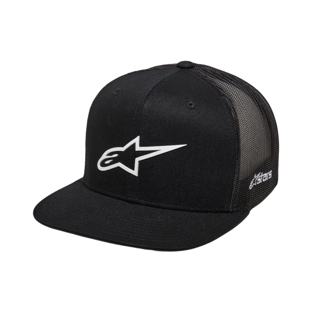 Alpinestars 3D Ageless Trucker Hat, Black with White Alpinestars Logo, Flat Bill, Structured Crown, Black Mesh Back, Casual Motorsport-Inspired Sportswear
