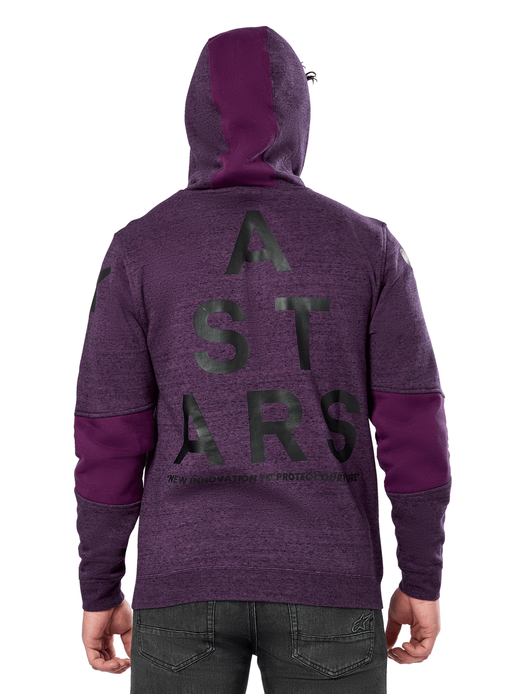Sudadera con capucha Alpinestars Perpetuate, forro polar púrpura jaspeado, vista trasera con un gran gráfico 'ASTARS' negro y el texto 'NEW INNOVATION TO PROTECT OUR FUTURE', bloques de tela púrpura liso en las mangas y la capucha, diseño casual inspirado en el motorsport