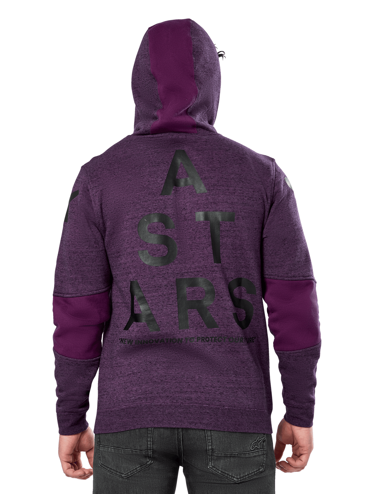Sudadera con capucha Alpinestars Perpetuate, forro polar púrpura jaspeado, vista trasera con un gran gráfico 'ASTARS' negro y el texto 'NEW INNOVATION TO PROTECT OUR FUTURE', bloques de tela púrpura liso en las mangas y la capucha, diseño casual inspirado en el motorsport