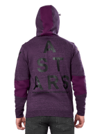 Sudadera con capucha Alpinestars Perpetuate, forro polar púrpura jaspeado, vista trasera con un gran gráfico 'ASTARS' negro y el texto 'NEW INNOVATION TO PROTECT OUR FUTURE', bloques de tela púrpura liso en las mangas y la capucha, diseño casual inspirado en el motorsport
