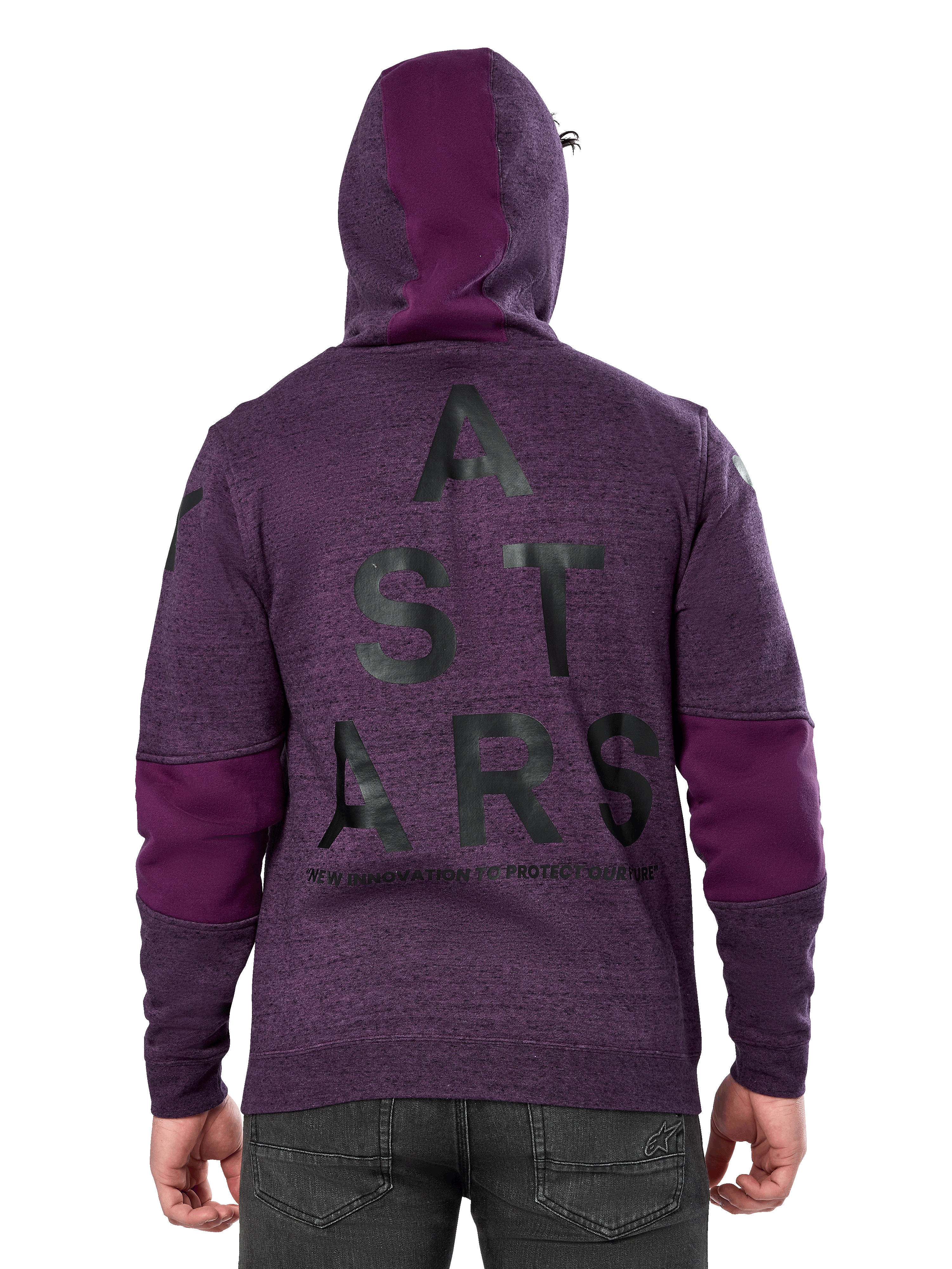 Sudadera con capucha Alpinestars Perpetuate, forro polar púrpura jaspeado, vista trasera con un gran gráfico 'ASTARS' negro y el texto 'NEW INNOVATION TO PROTECT OUR FUTURE', bloques de tela púrpura liso en las mangas y la capucha, diseño casual inspirado en el motorsport