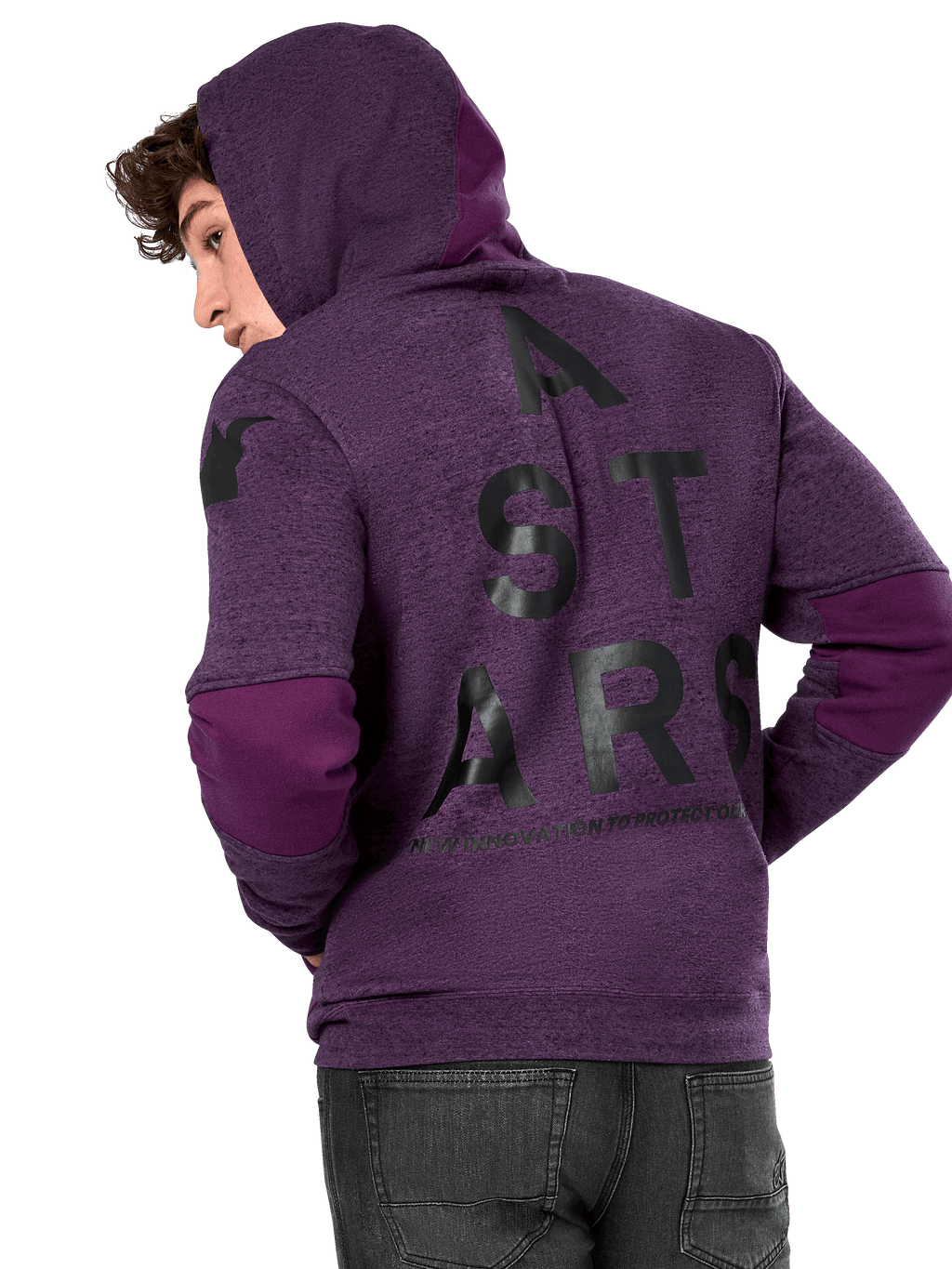 Sudadera con capucha Alpinestars Perpetuate, forro polar morado jaspeado, vista posterior con un gran gráfico negro 'A STARS' y bloques de tela morado oscuro en los codos y la capucha, ropa urbana casual inspirada en el automovilismo