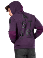 Sudadera con capucha Alpinestars Perpetuate, forro polar morado jaspeado, vista posterior con un gran gráfico negro 'A STARS' y bloques de tela morado oscuro en los codos y la capucha, ropa urbana casual inspirada en el automovilismo