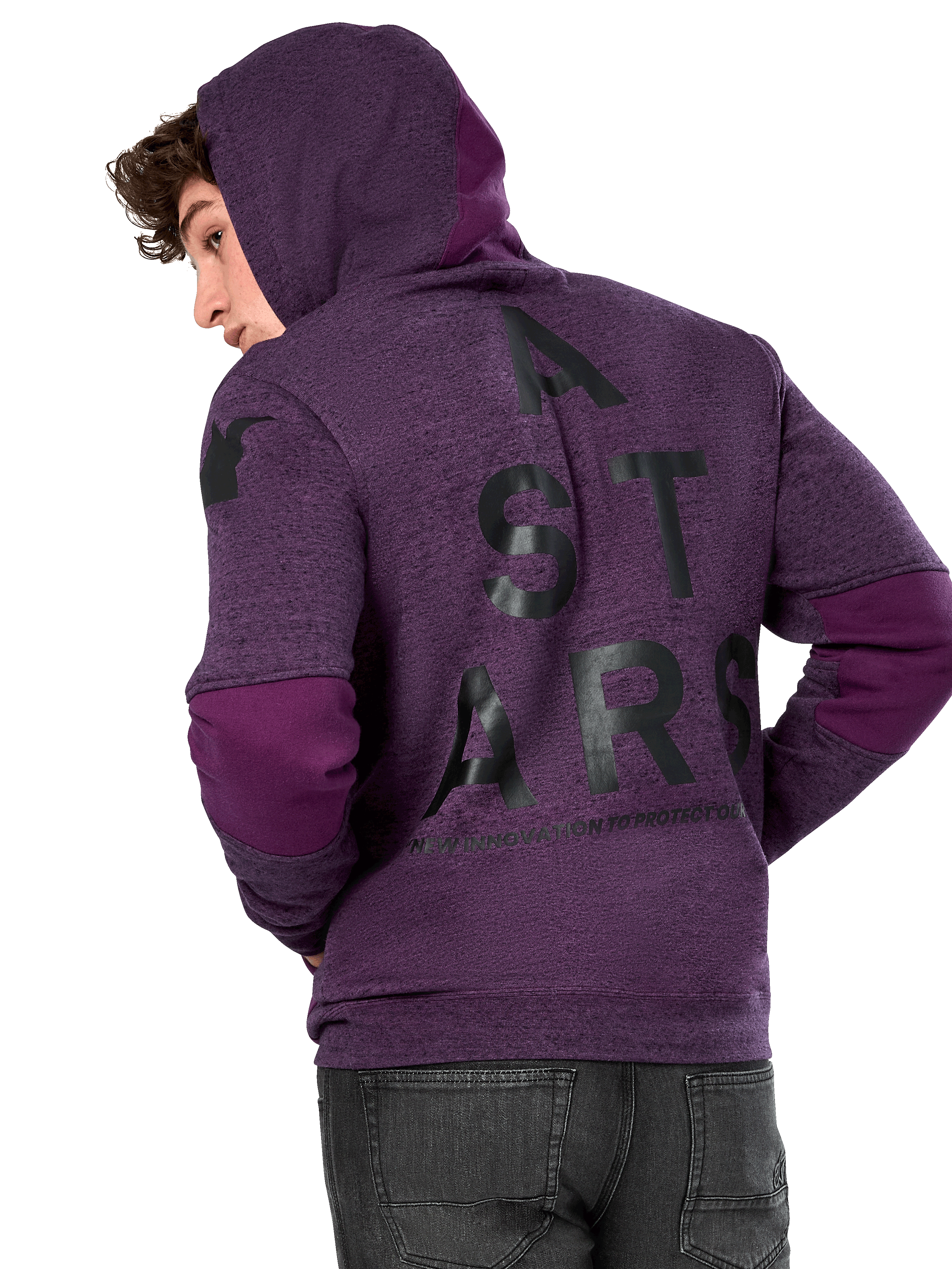 Sudadera con capucha Alpinestars Perpetuate, forro polar morado jaspeado, vista posterior con un gran gráfico negro 'A STARS' y bloques de tela morado oscuro en los codos y la capucha, ropa urbana casual inspirada en el automovilismo
