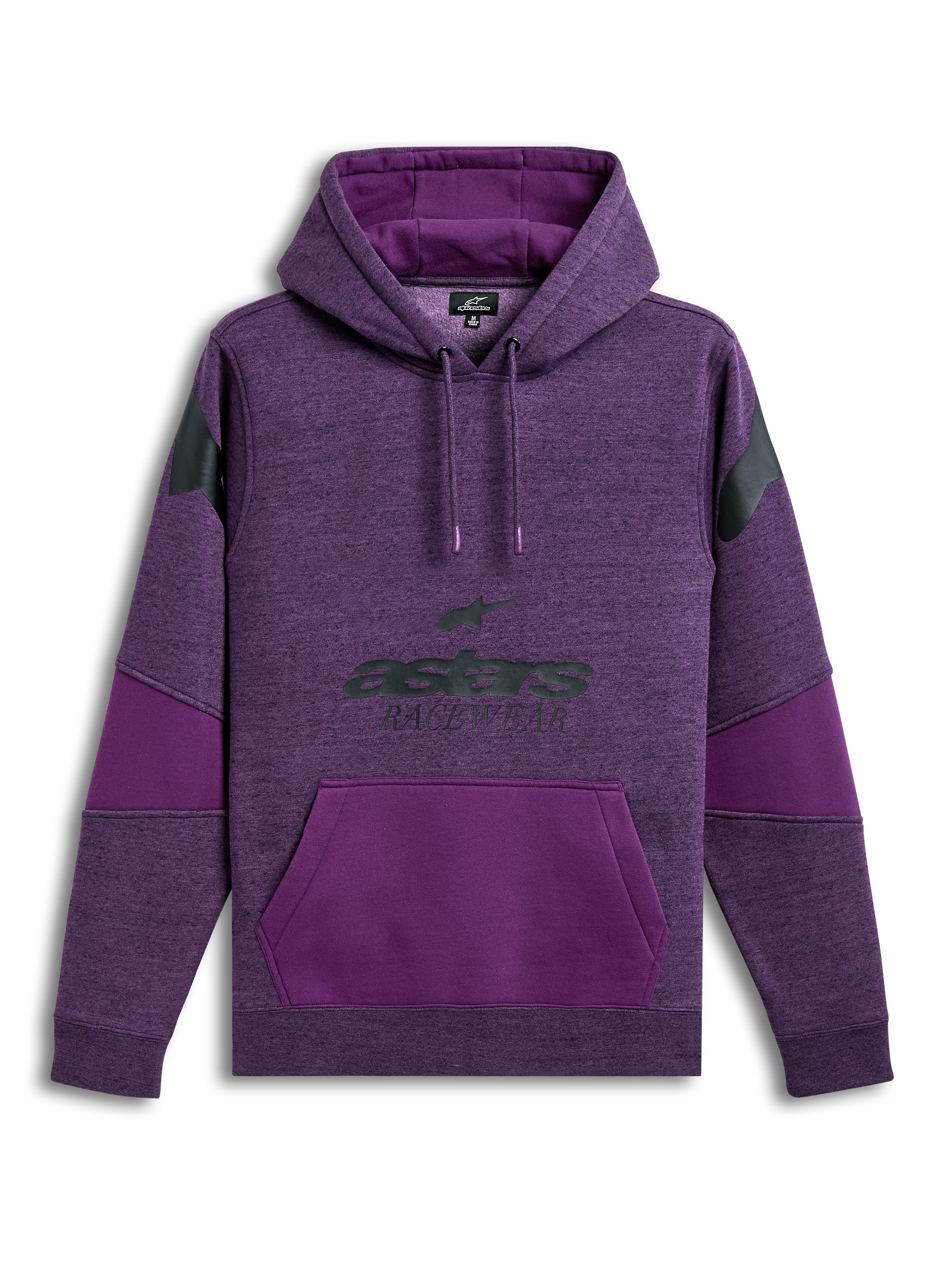 Alpinestars Perpetuate Sudadera con capucha, sudadera morada de forro polar jaspeado con bloques de tela, gráfico de logotipo frontal y bolsillo canguro, ropa deportiva