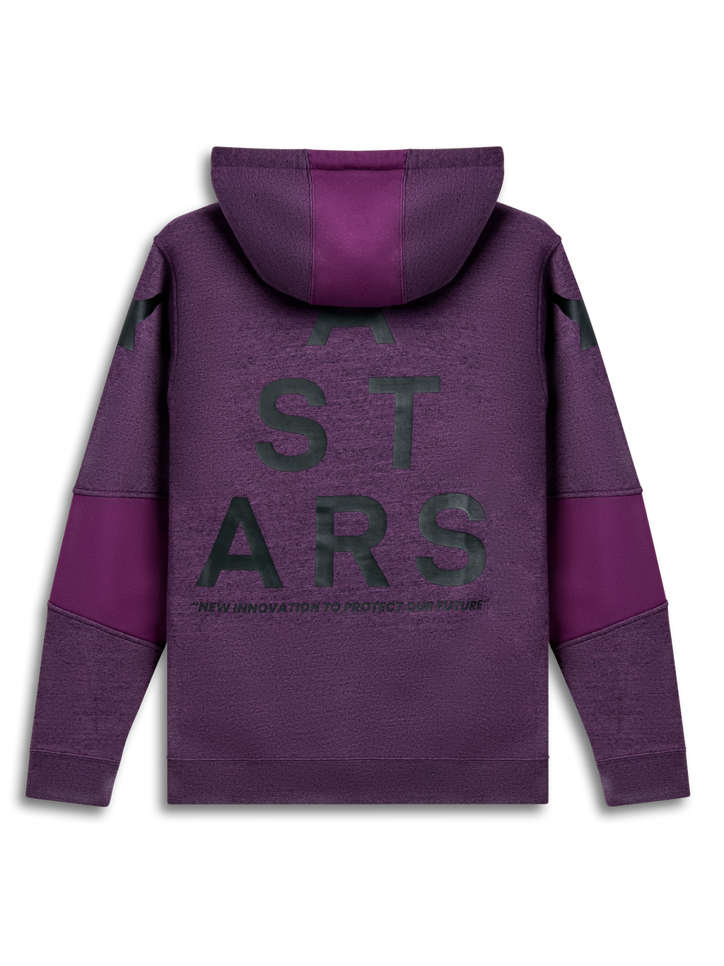 Alpinestars Perpetuate Sudadera con capucha, sudadera morada con capucha y bloques de tela, vista trasera con gráfico de texto en la espalda