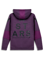 Alpinestars Perpetuate Sudadera con capucha, sudadera morada con capucha y bloques de tela, vista trasera con gráfico de texto en la espalda