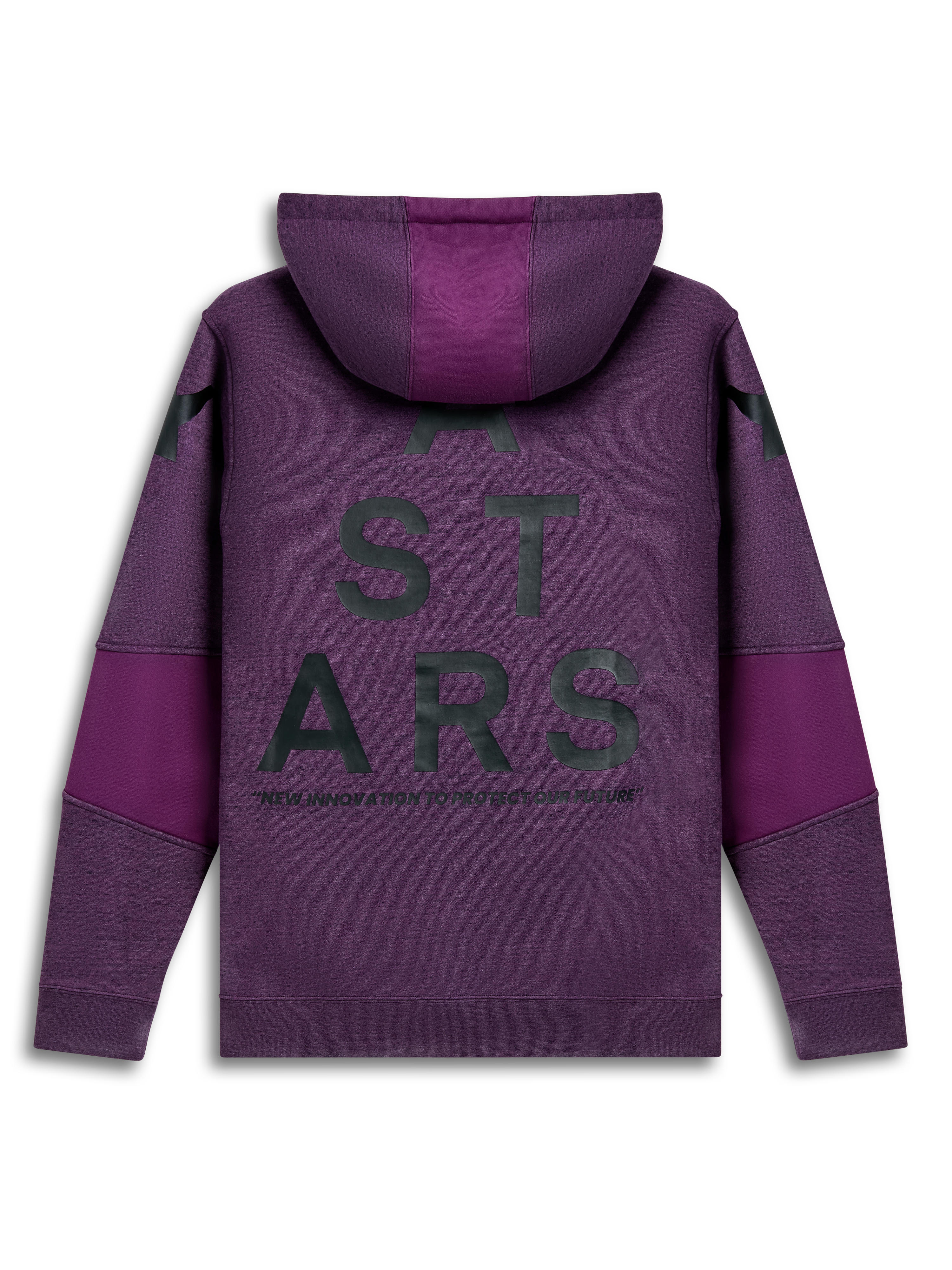 Alpinestars Perpetuate Sudadera con capucha, sudadera morada con capucha y bloques de tela, vista trasera con gráfico de texto en la espalda