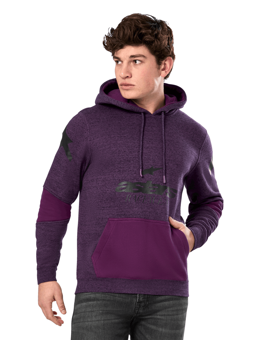 Alpinestars Perpetuate Hoodie, sudadera de forro polar para hombre en morado jaspeado y morado oscuro, gráficos de logotipo en negro, bolsillo canguro, ropa urbana casual inspirada en el automovilismo