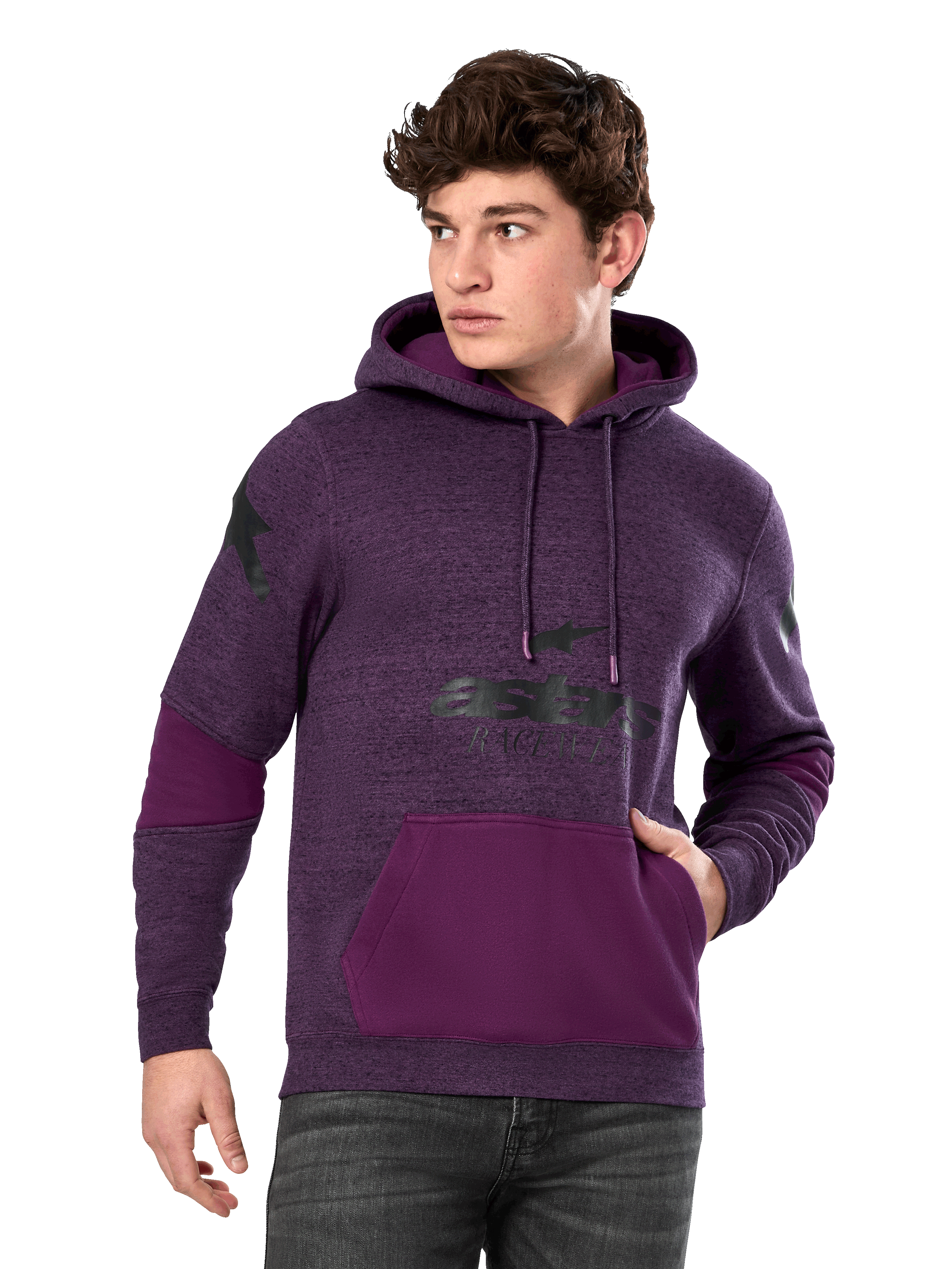 Alpinestars Perpetuate Hoodie, sudadera de forro polar para hombre en morado jaspeado y morado oscuro, gráficos de logotipo en negro, bolsillo canguro, ropa urbana casual inspirada en el automovilismo