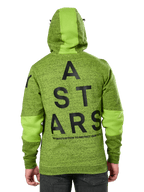 Alpinestars Perpetuate Hoodie, vista trasera, forro polar jaspeado verde lima con bloques de tela verde sólido en la capucha y las mangas, gráfico grande ASTARS en negro en la espalda, ropa urbana casual de inspiración motorsport