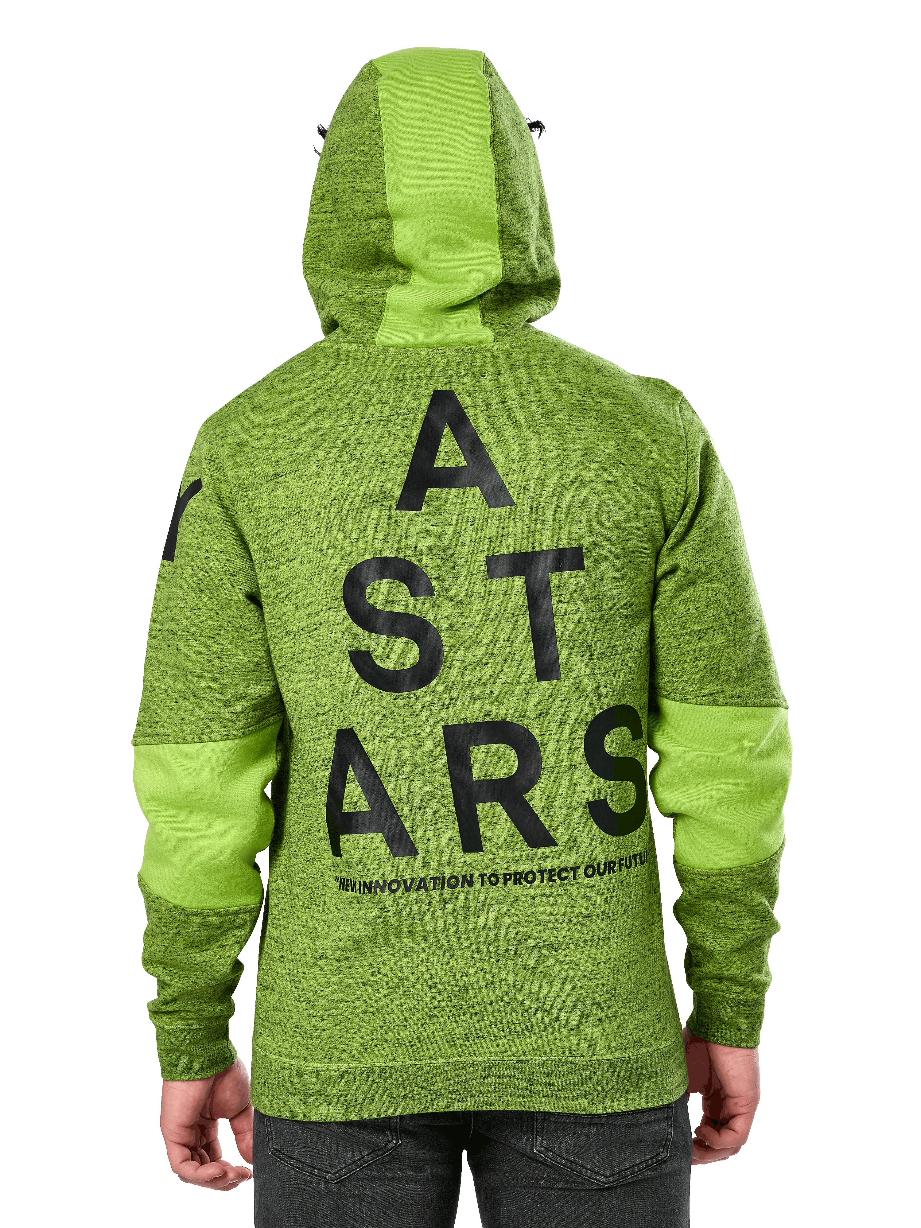 Alpinestars Perpetuate Hoodie, vista trasera, forro polar jaspeado verde lima con bloques de tela verde sólido en la capucha y las mangas, gráfico grande ASTARS en negro en la espalda, ropa urbana casual de inspiración motorsport