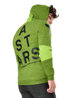 Sudadera con capucha Alpinestars Perpetuate, sudadera deportiva casual, forro polar jaspeado verde lima, vista posterior con un gran gráfico vertical ASTARS en negro en la espalda y logotipo en el hombro, bloques de tela en las mangas, capucha con cordón, moda urbana moderna inspirada en el automovilismo.