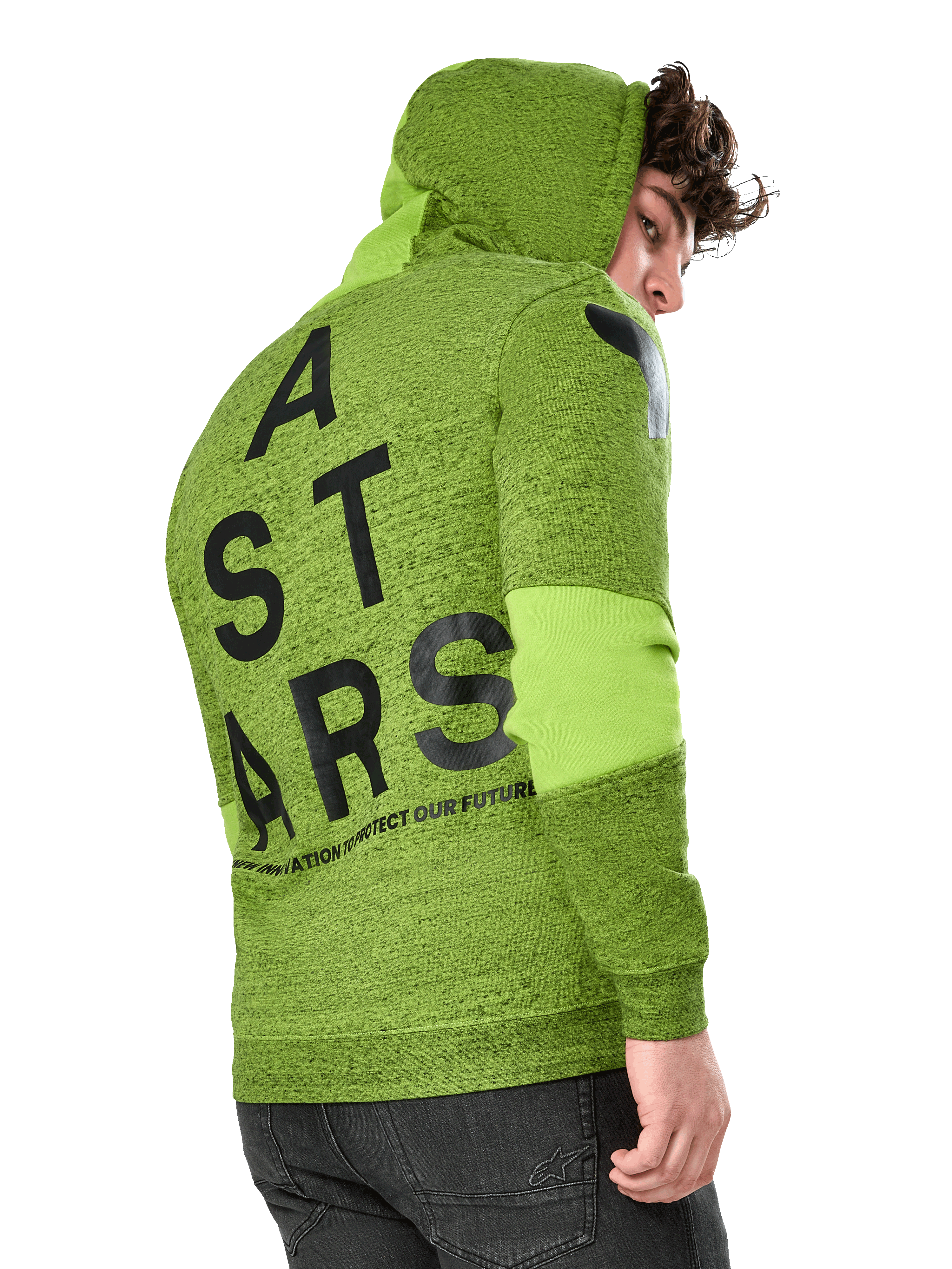 Sudadera con capucha Alpinestars Perpetuate, sudadera deportiva casual, forro polar jaspeado verde lima, vista posterior con un gran gráfico vertical ASTARS en negro en la espalda y logotipo en el hombro, bloques de tela en las mangas, capucha con cordón, moda urbana moderna inspirada en el automovilismo.