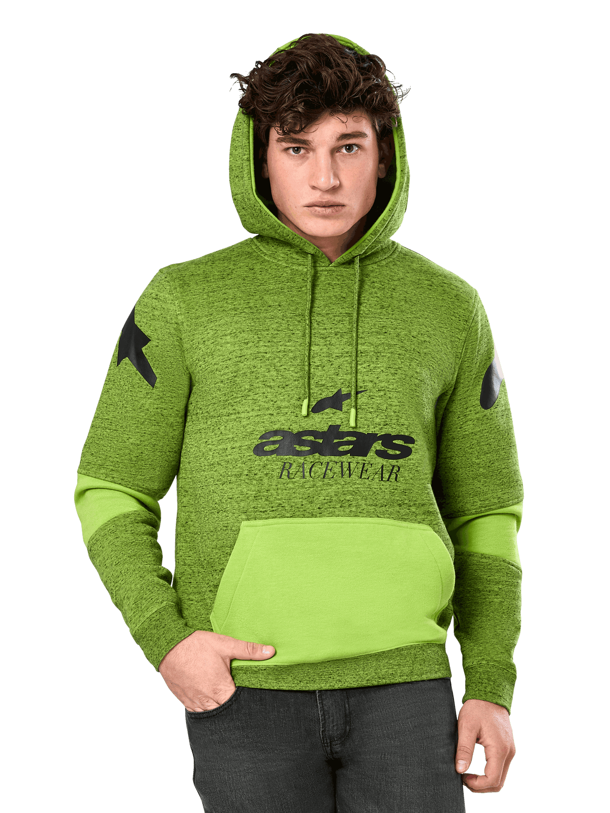 Alpinestars Perpetuate Hoodie, sudadera para hombre en verde jaspeado y lima, con bloques de color verde lima vibrante en el bolsillo canguro y las mangas, gráfico negro 'astars RACEWEAR' en el pecho y logotipos de estrellas en los hombros, estilo urbano casual de automovilismo