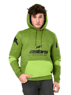 Alpinestars Perpetuate Hoodie, sudadera para hombre en verde jaspeado y lima, con bloques de color verde lima vibrante en el bolsillo canguro y las mangas, gráfico negro 'astars RACEWEAR' en el pecho y logotipos de estrellas en los hombros, estilo urbano casual de automovilismo