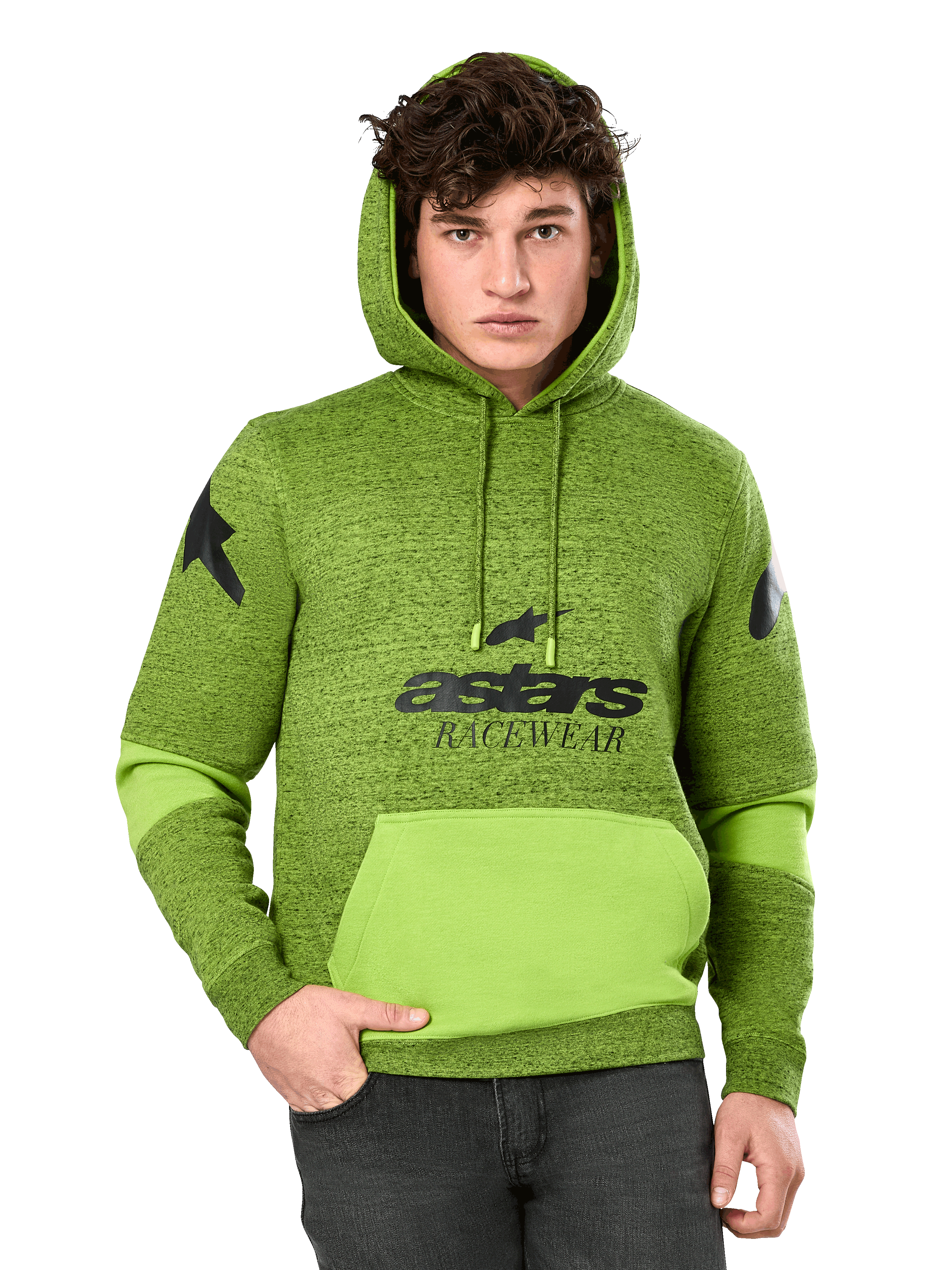Alpinestars Perpetuate Hoodie, sudadera para hombre en verde jaspeado y lima, con bloques de color verde lima vibrante en el bolsillo canguro y las mangas, gráfico negro 'astars RACEWEAR' en el pecho y logotipos de estrellas en los hombros, estilo urbano casual de automovilismo