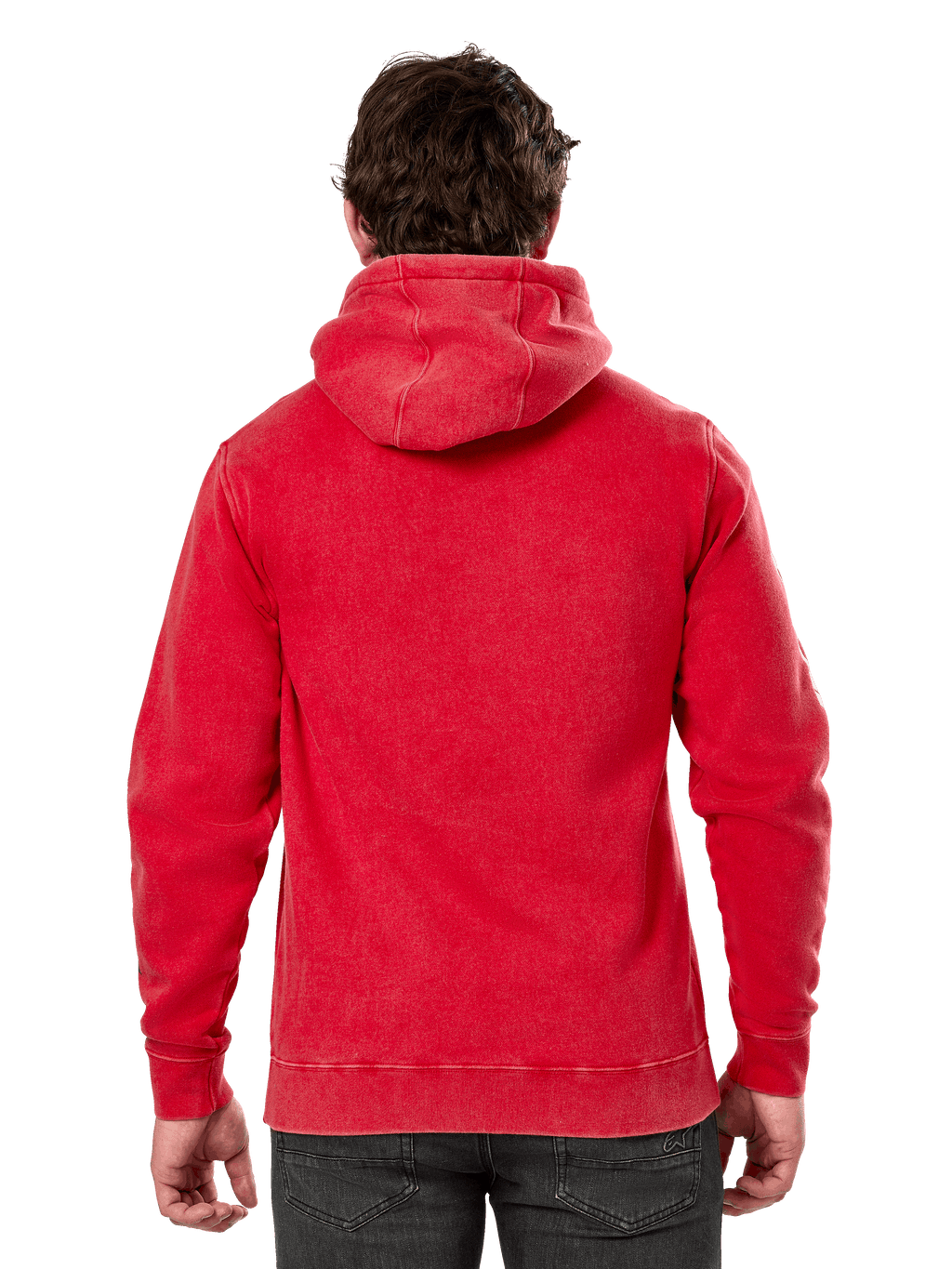 Sudadera con capucha Unbound de Alpinestars, vista trasera de sudadera de forro polar roja teñida en prenda, estilo urbano casual, con puños y dobladillo de canalé, capucha con forro propio, combinada con pantalones oscuros